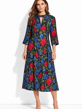 J. Peterman Silk Midi Dress Bold Floral Keyhole Neck 3/4 Sleeve Sz 16 Statement